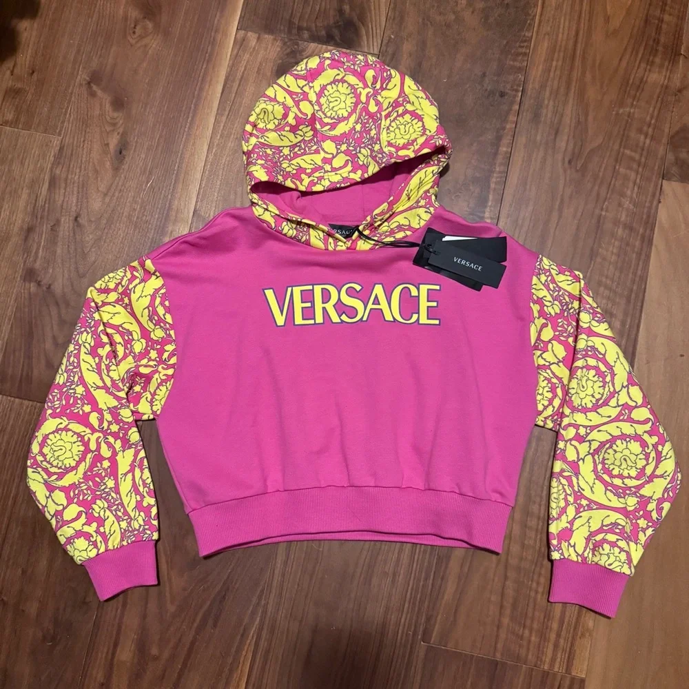 VERSACE Girl's Barocco Crop Hoodie Fuchsia Pink & Gold Yellow Jumper Baroque 12 - Picture 1 of 9